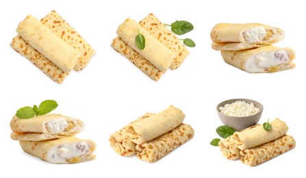 Image of Delicious rolled stuffed crepes isolated on white, set