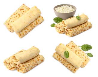 Image of Delicious rolled stuffed crepes isolated on white, set