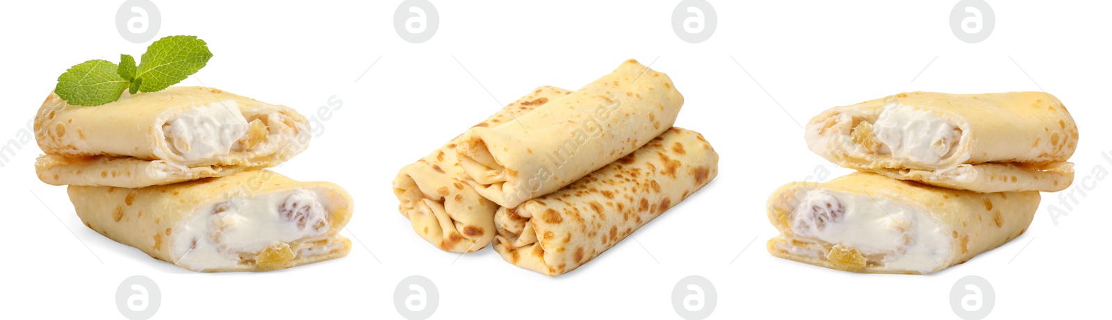 Image of Delicious rolled stuffed crepes isolated on white, set