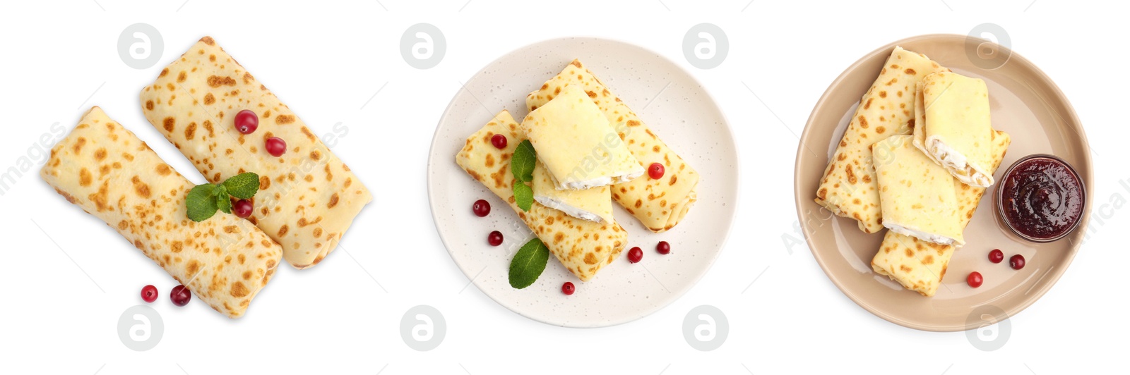 Image of Delicious rolled stuffed crepes isolated on white, set. Top view