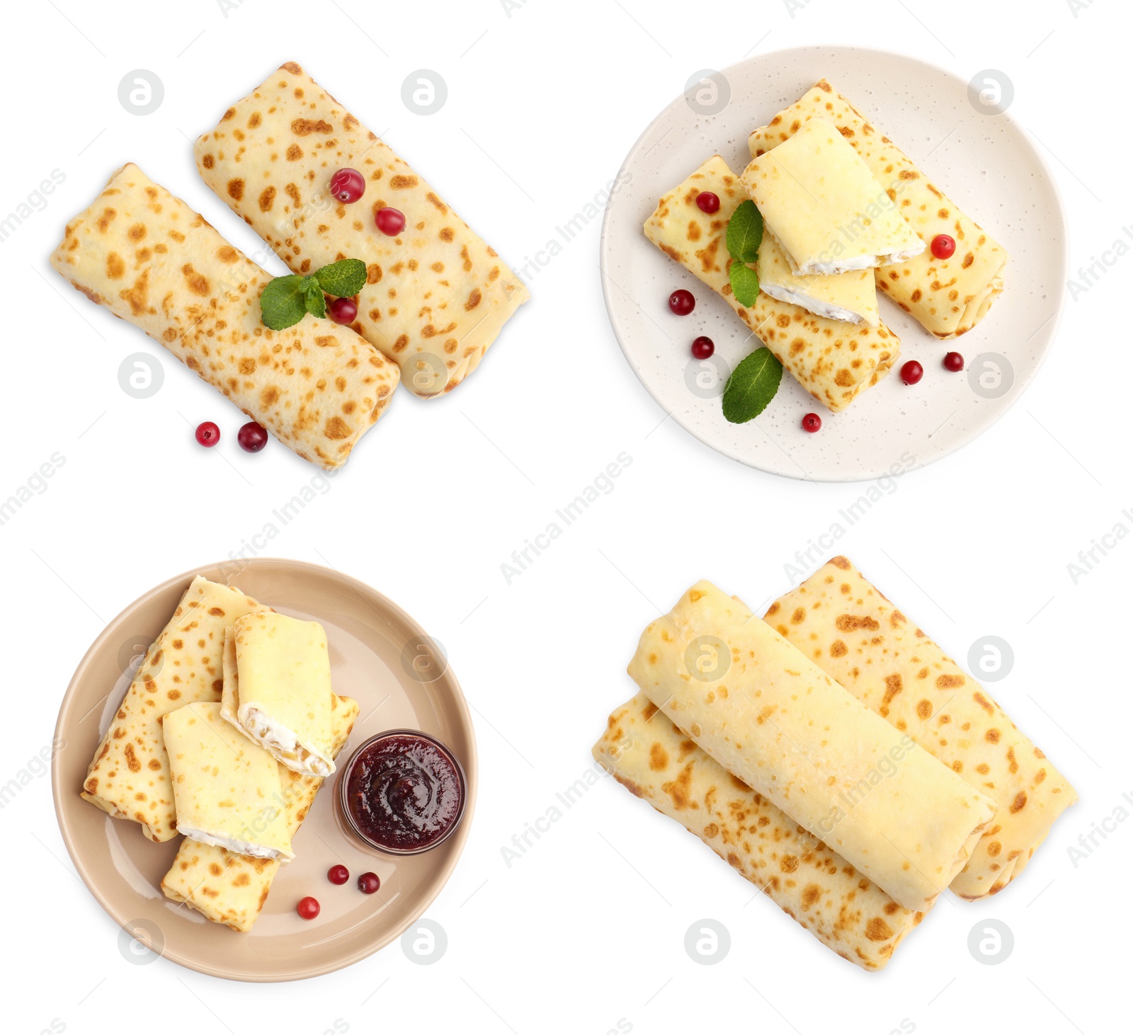 Image of Delicious rolled stuffed crepes isolated on white, set. Top view