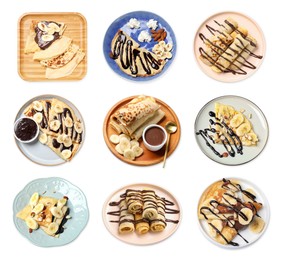 Image of Different tasty crepes with chocolate sauce and banana slices isolated on white, set