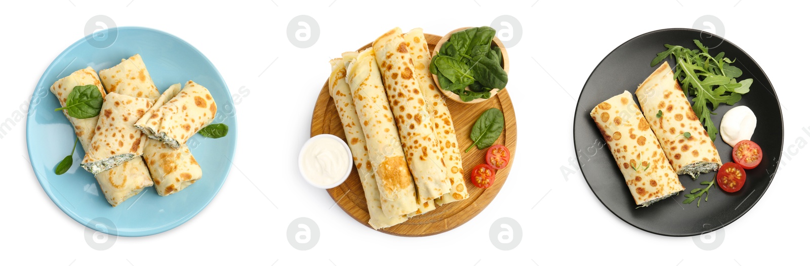 Image of Delicious rolled stuffed crepes isolated on white, set. Top view