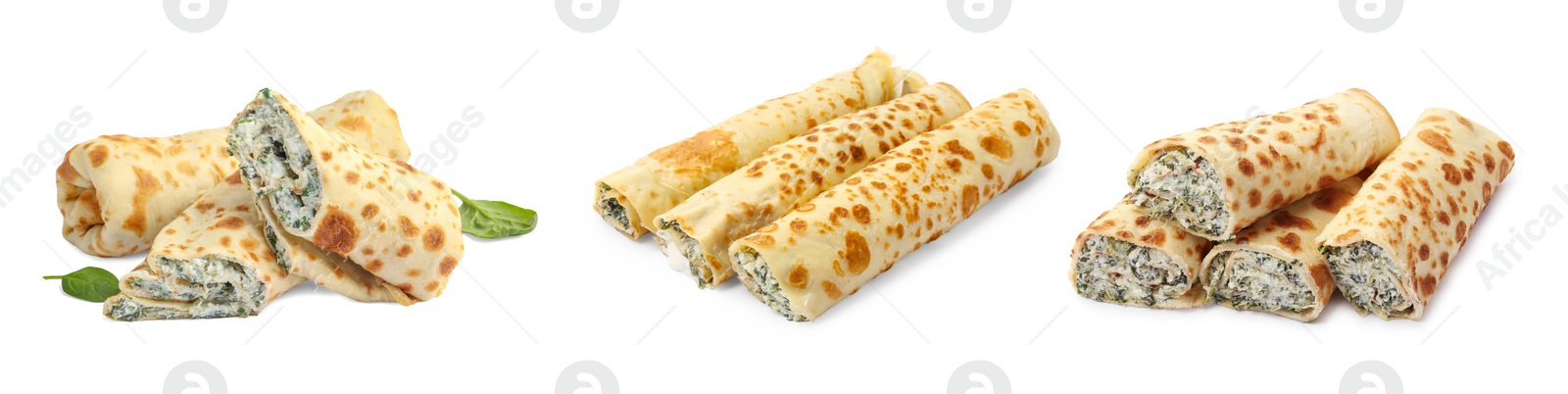 Image of Delicious rolled stuffed crepes isolated on white, set