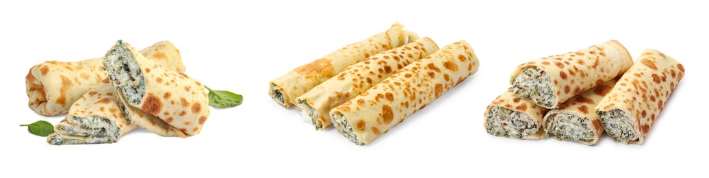 Image of Delicious rolled stuffed crepes isolated on white, set