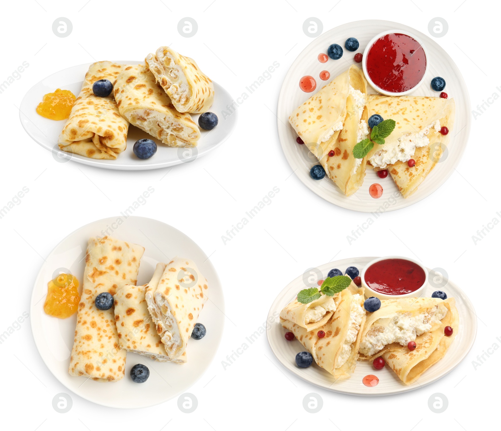 Image of Different tasty crepes isolated on white, set