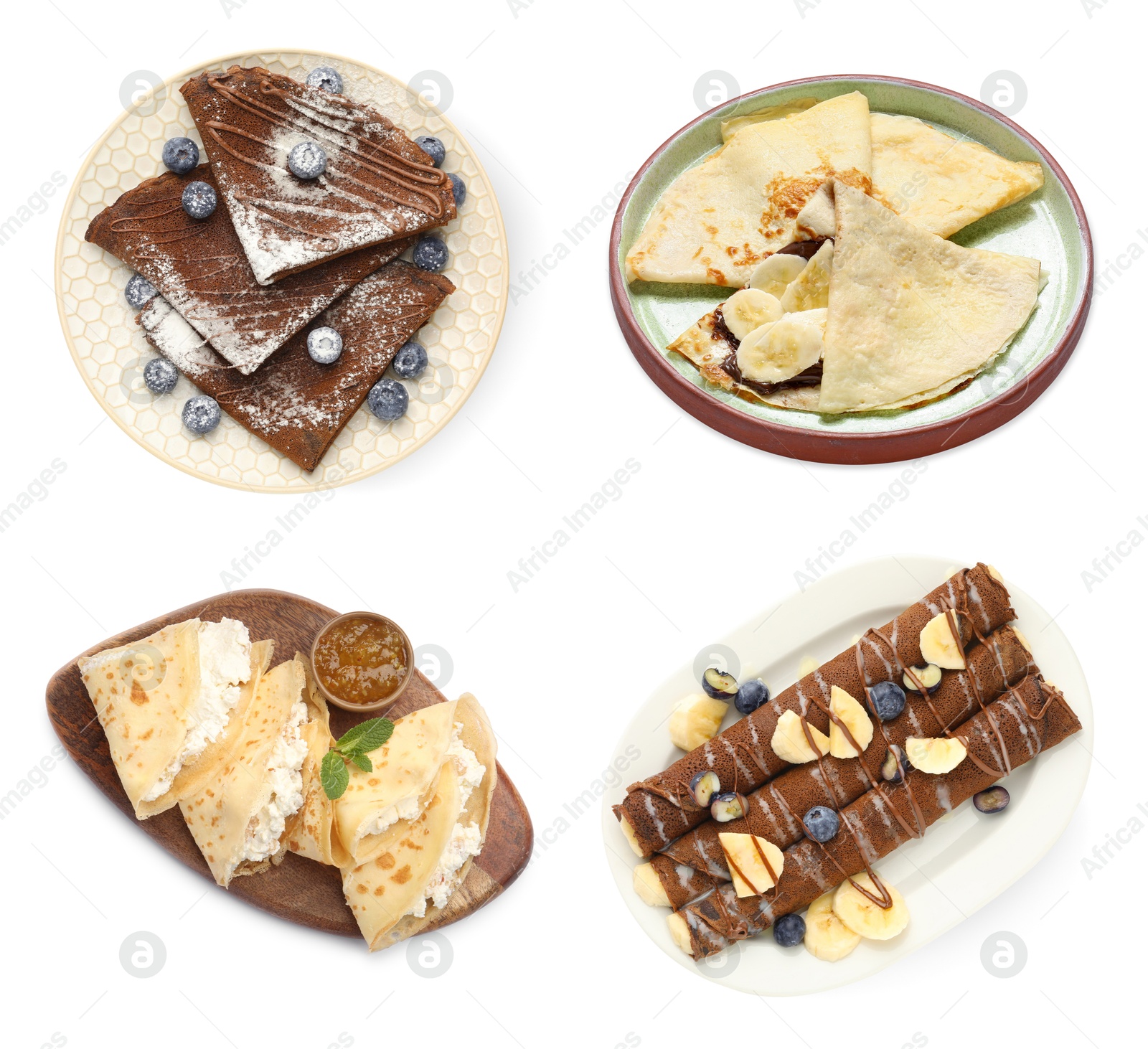 Image of Different tasty crepes isolated on white, set