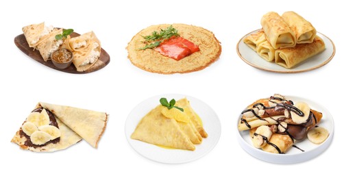 Image of Different tasty crepes isolated on white, set