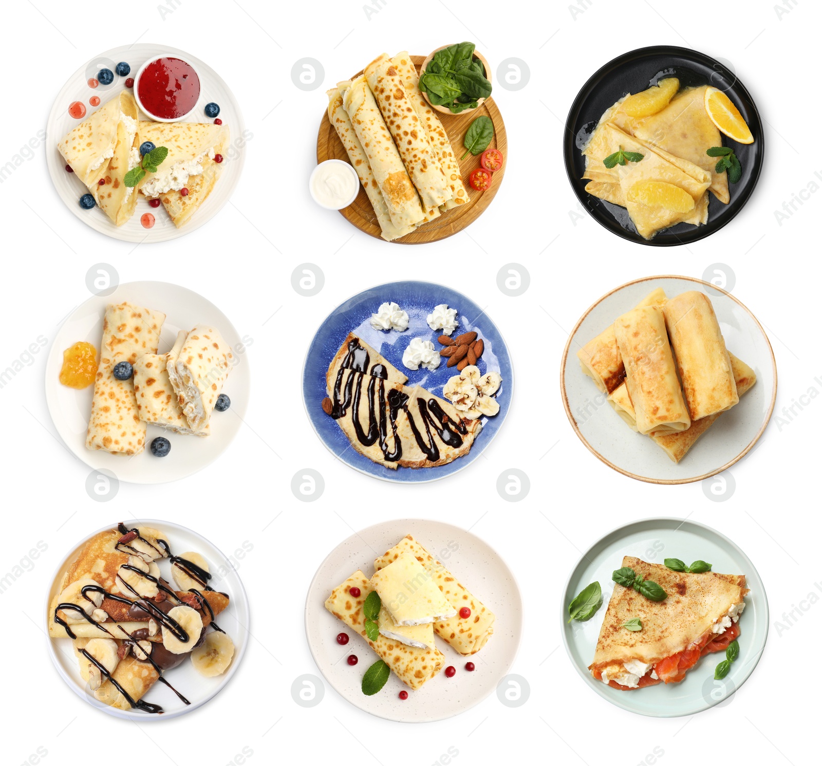 Image of Different tasty crepes isolated on white, set. Top view