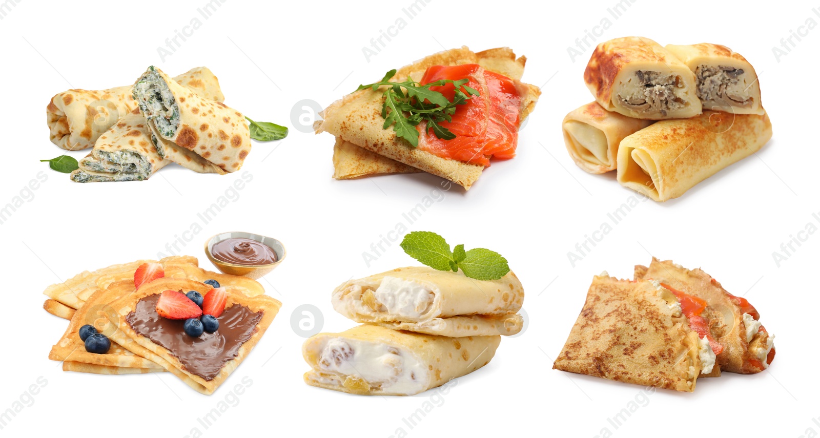 Image of Different tasty crepes isolated on white, set