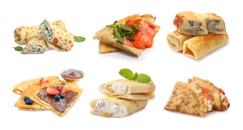 Image of Different tasty crepes isolated on white, set