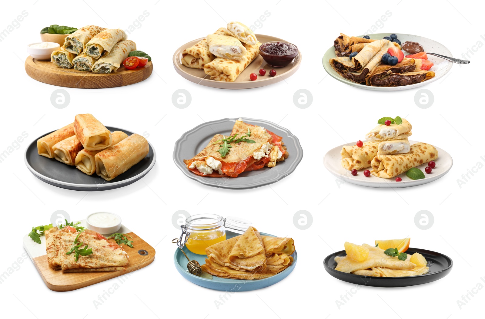 Image of Different tasty crepes isolated on white, set