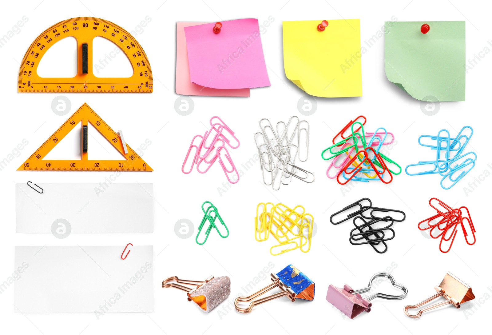 Image of Paper clips and other stationery isolated on white, set