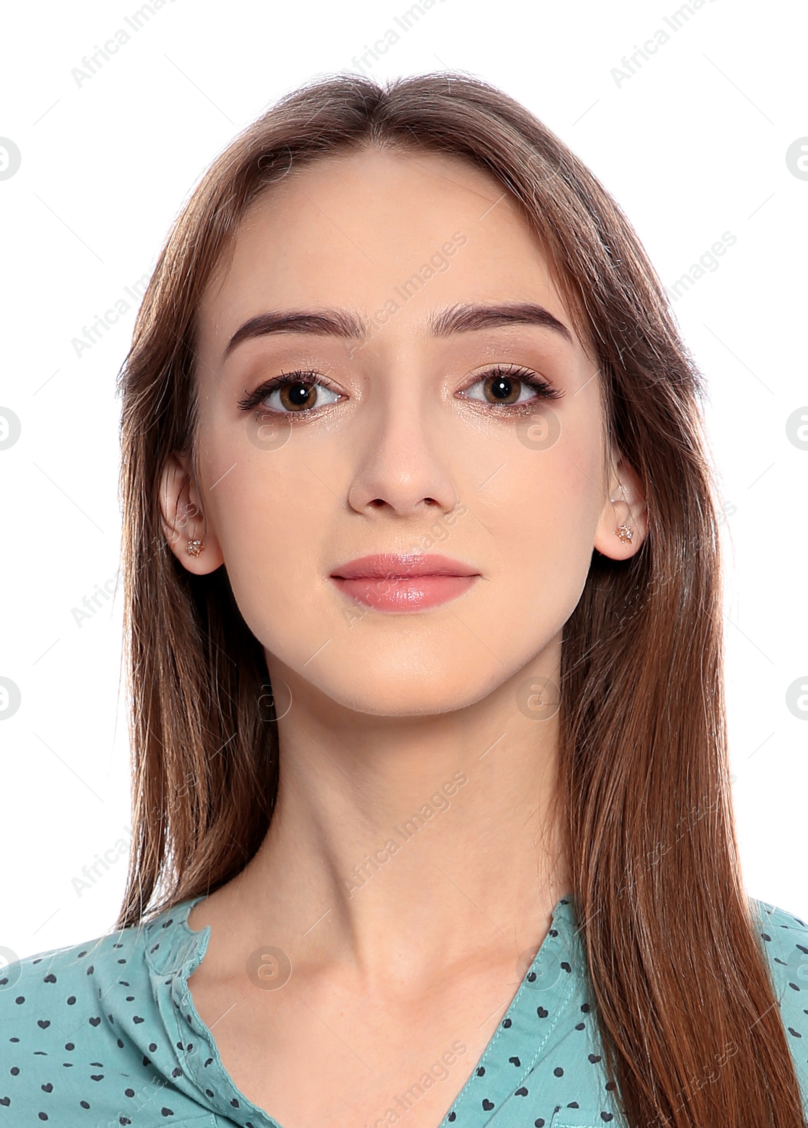 Image of Passport photo. Portrait of woman on white background