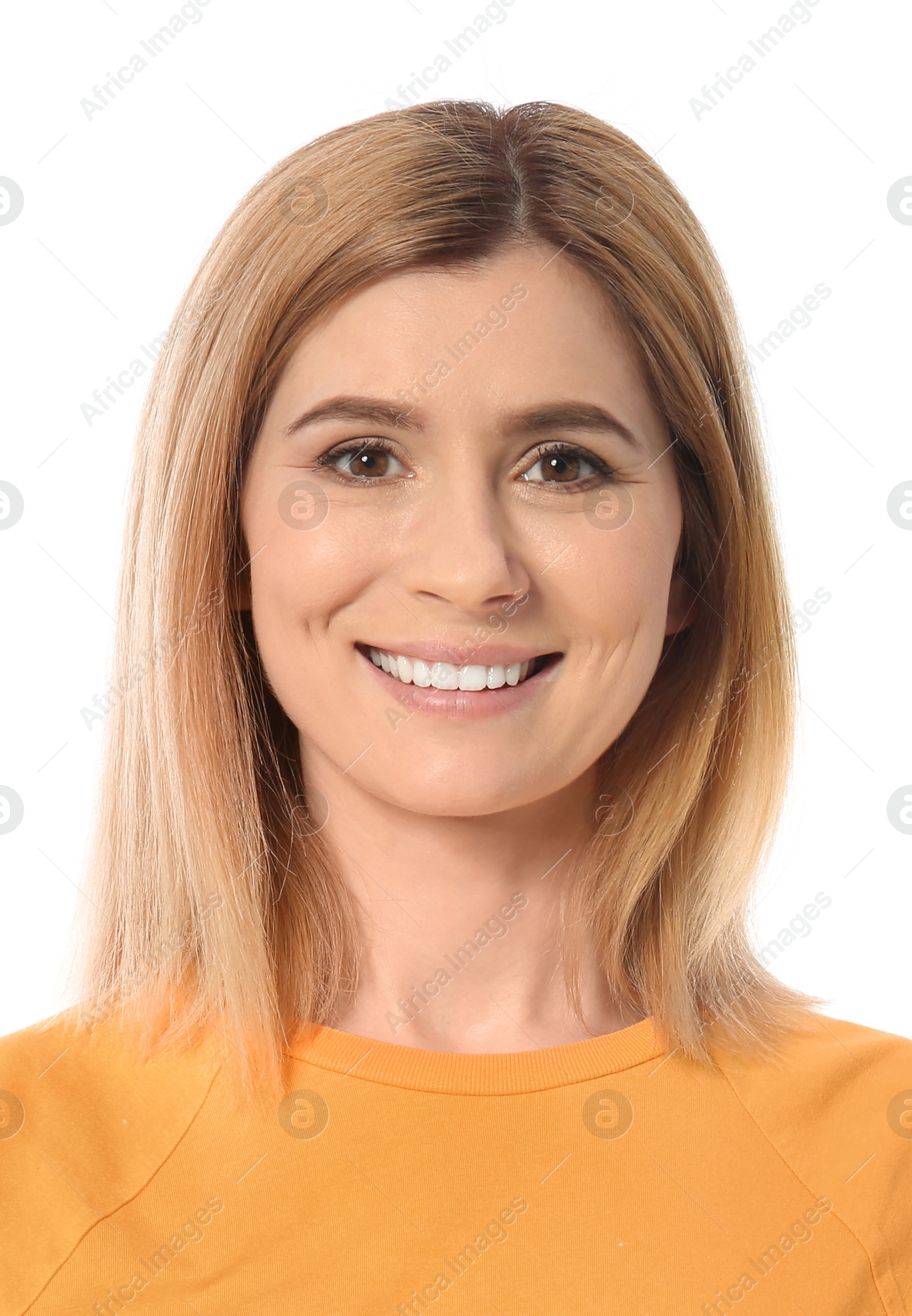 Image of Passport photo. Portrait of woman on white background