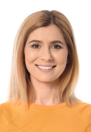 Image of Passport photo. Portrait of woman on white background