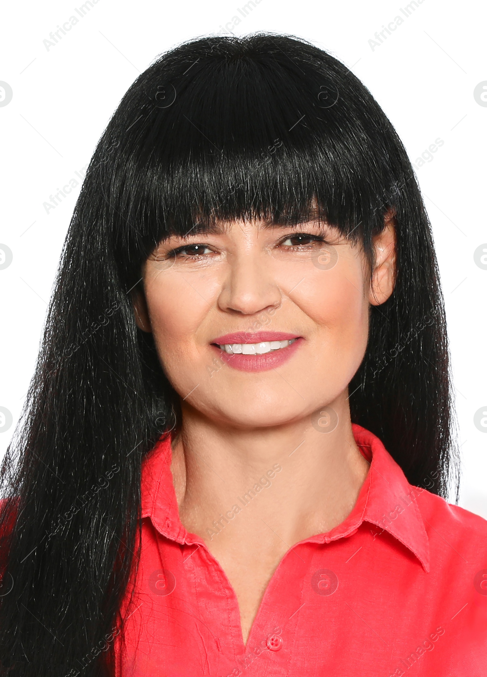 Image of Passport photo. Portrait of woman on white background