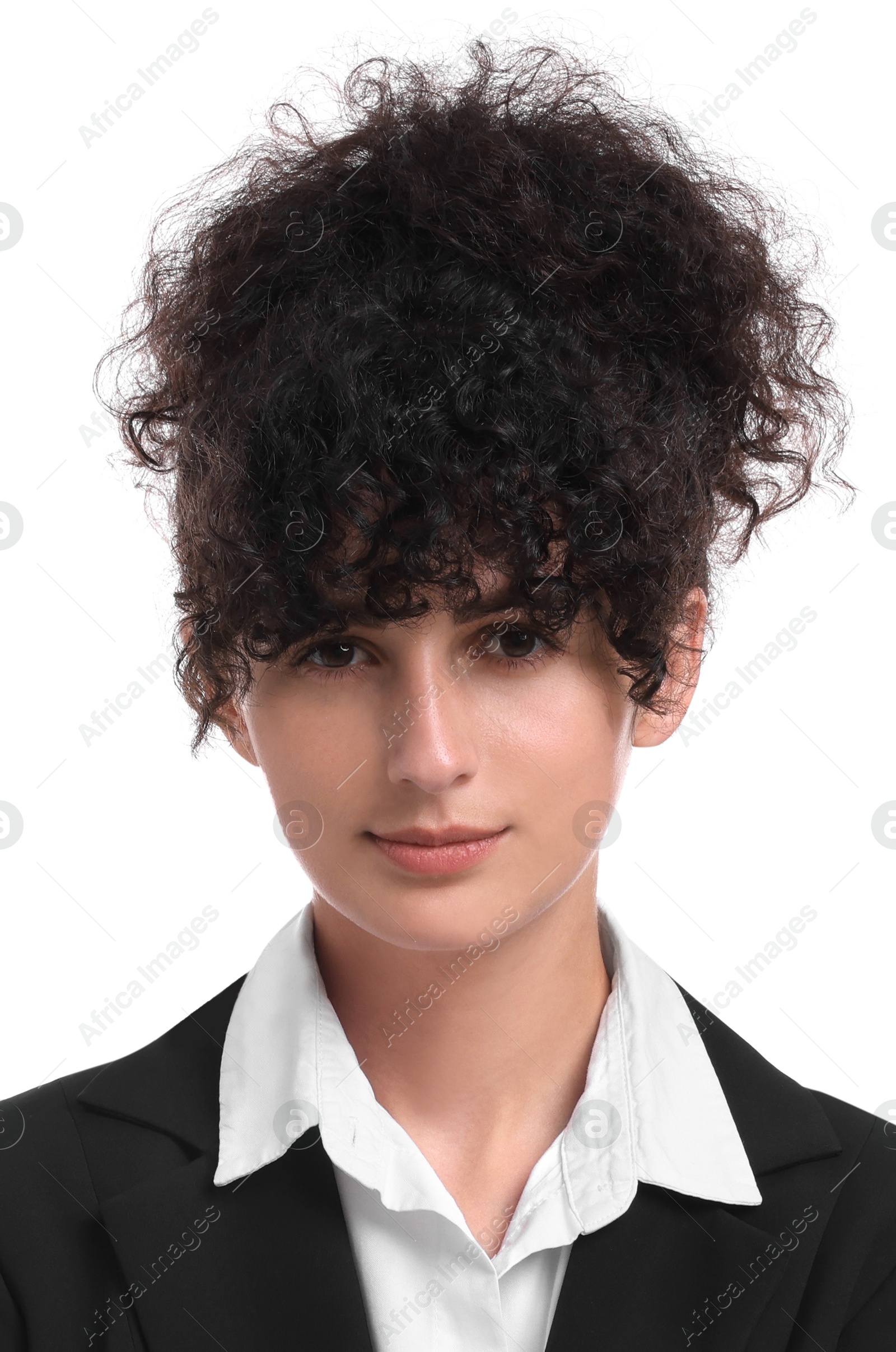 Image of Passport photo. Portrait of woman on white background