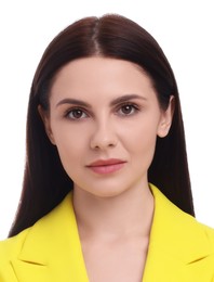 Image of Passport photo. Portrait of woman on white background