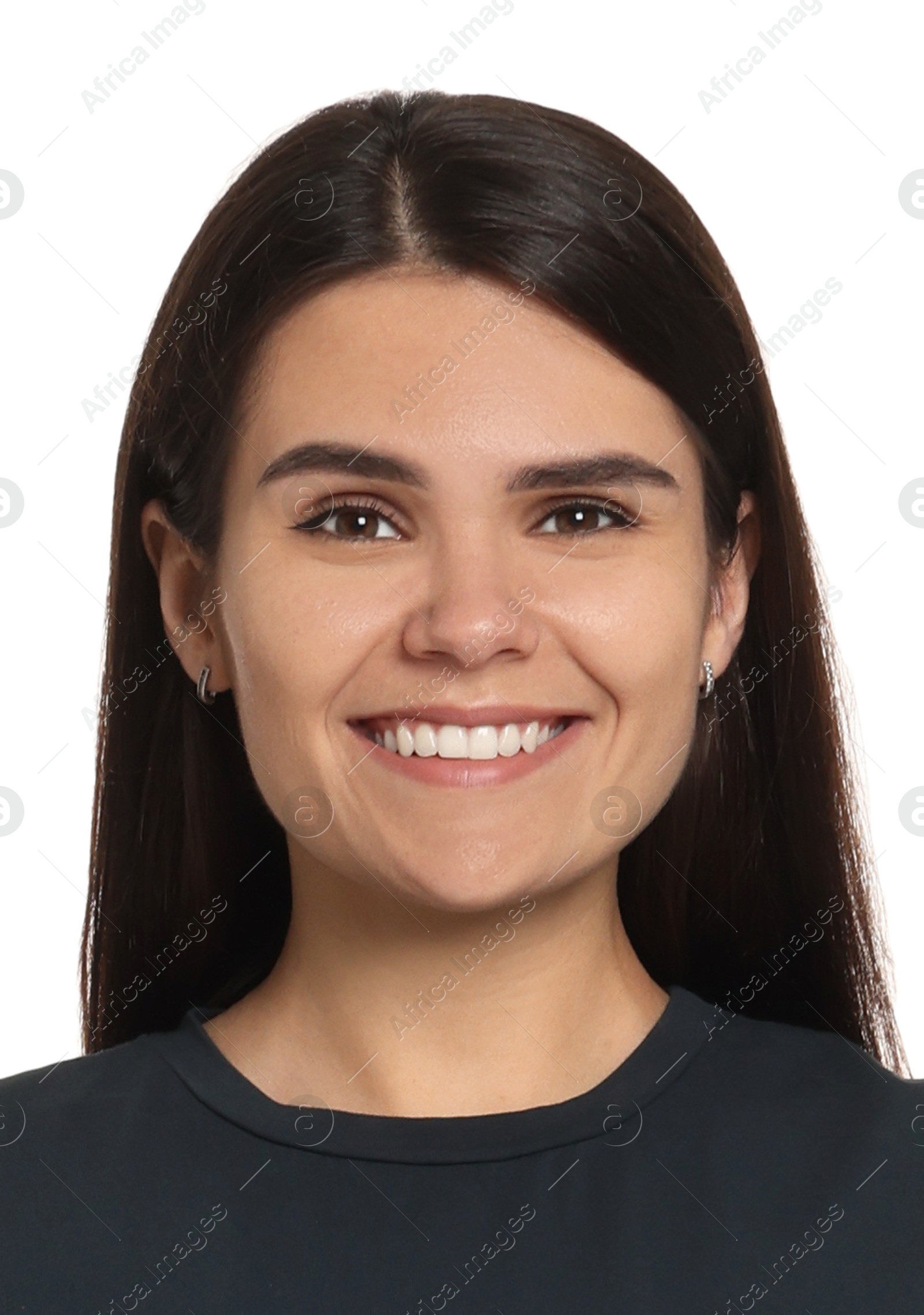 Image of Passport photo. Portrait of woman on white background