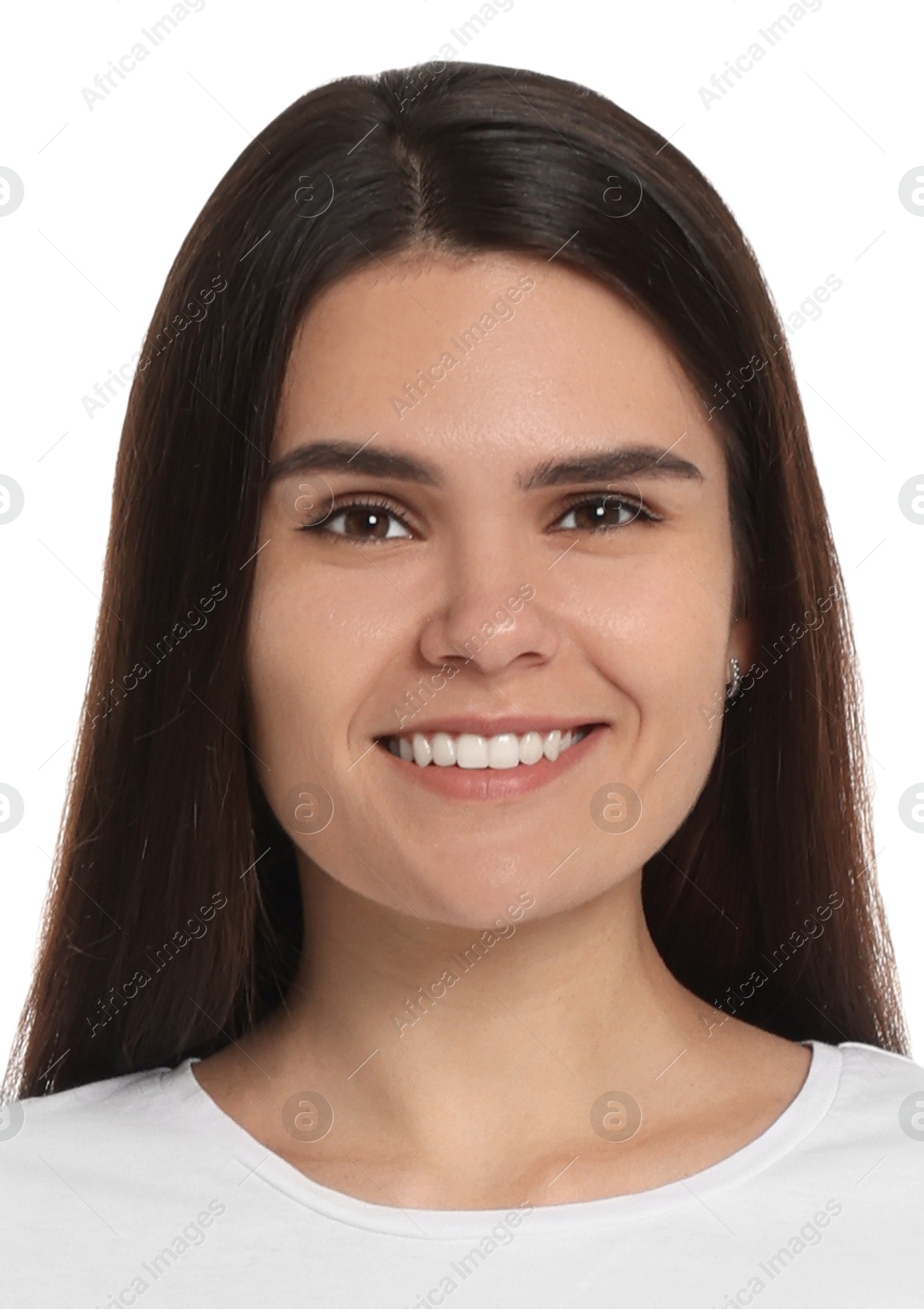 Image of Passport photo. Portrait of woman on white background