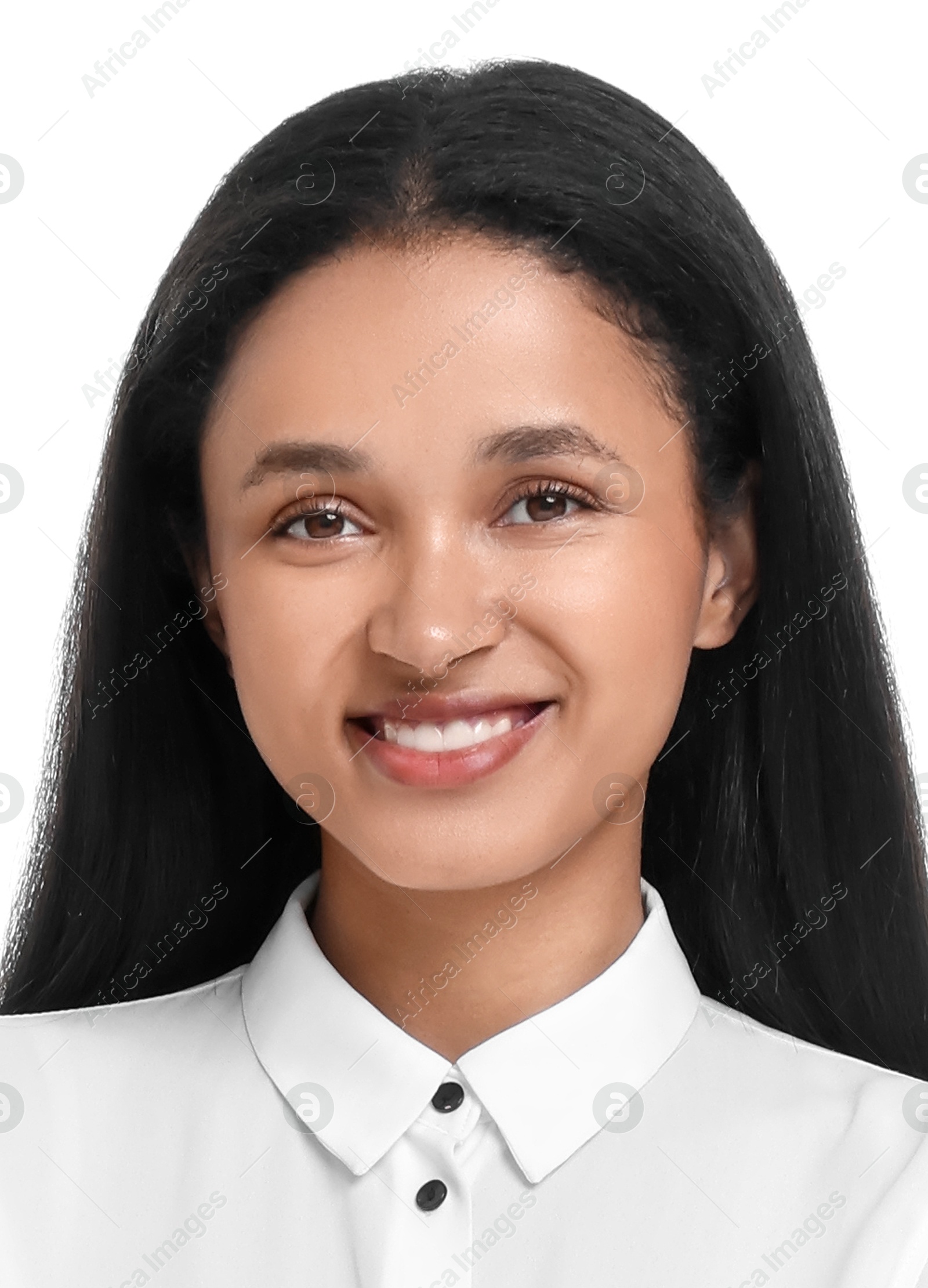 Image of Passport photo. Portrait of woman on white background