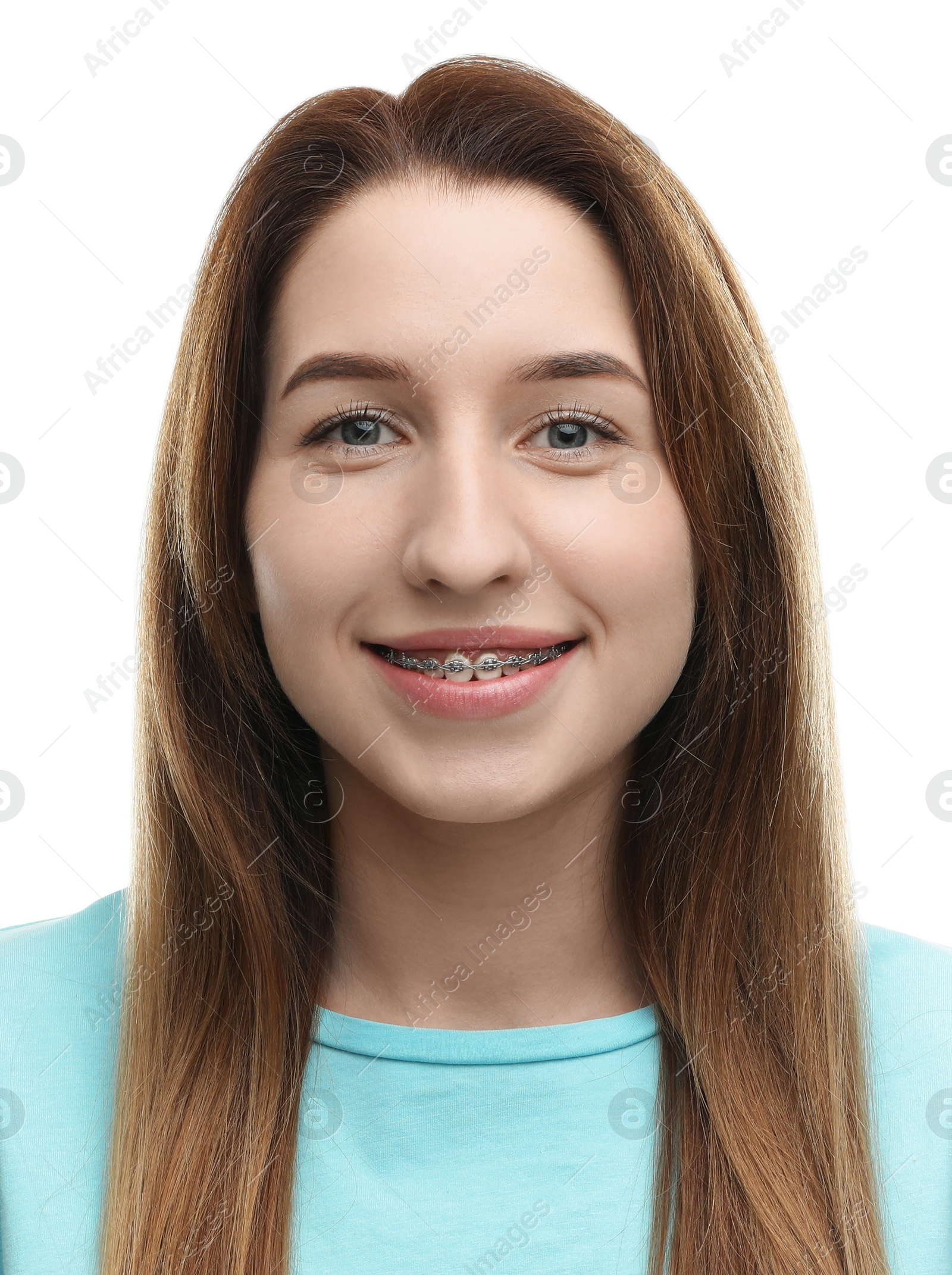 Image of Passport photo. Portrait of woman on white background