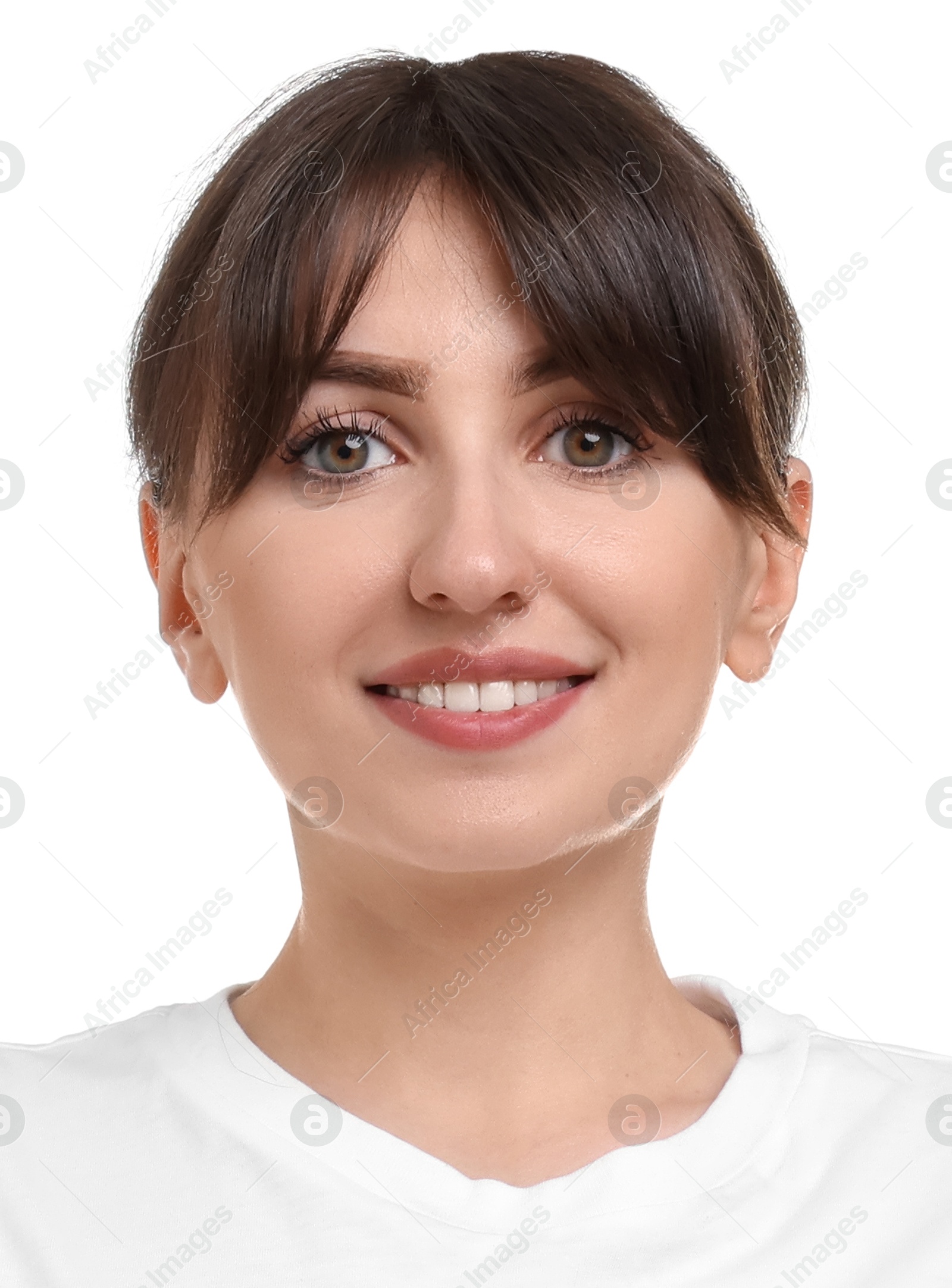 Image of Passport photo. Portrait of woman on white background