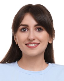 Image of Passport photo. Portrait of woman on white background