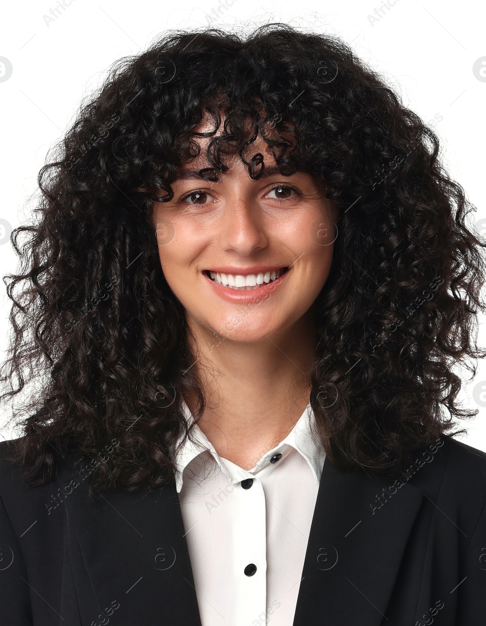 Image of Passport photo. Portrait of woman on white background