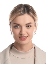 Image of Passport photo. Portrait of woman on white background