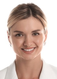 Image of Passport photo. Portrait of woman on white background