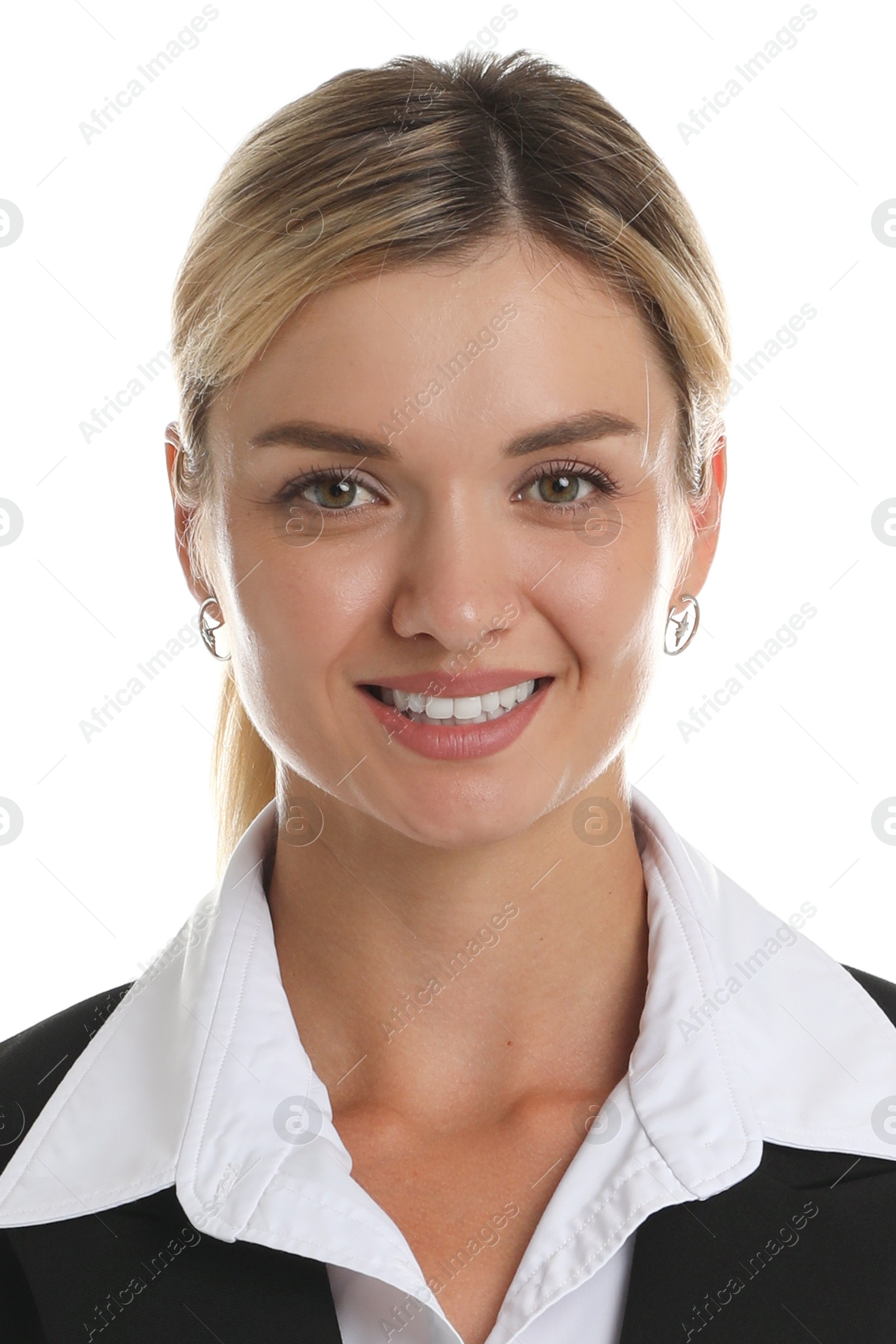 Image of Passport photo. Portrait of woman on white background