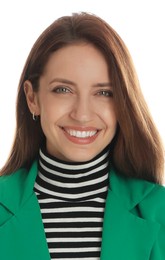 Image of Passport photo. Portrait of woman on white background