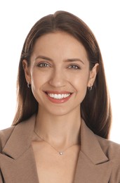 Image of Passport photo. Portrait of woman on white background