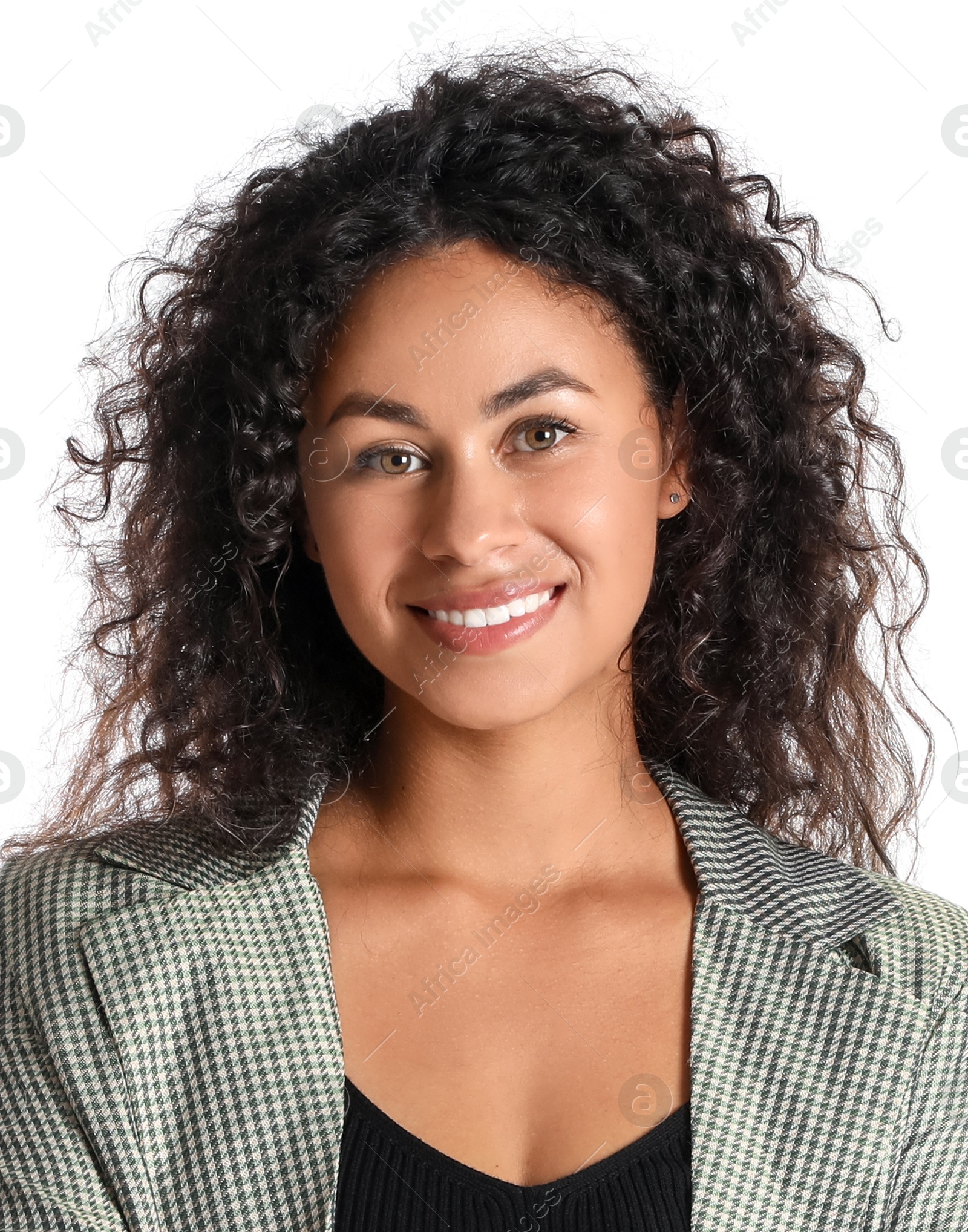 Image of Passport photo. Portrait of woman on white background