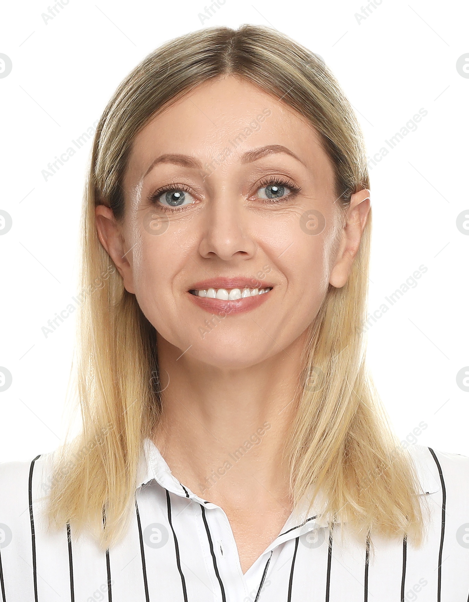 Image of Passport photo. Portrait of woman on white background