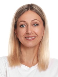 Image of Passport photo. Portrait of woman on white background