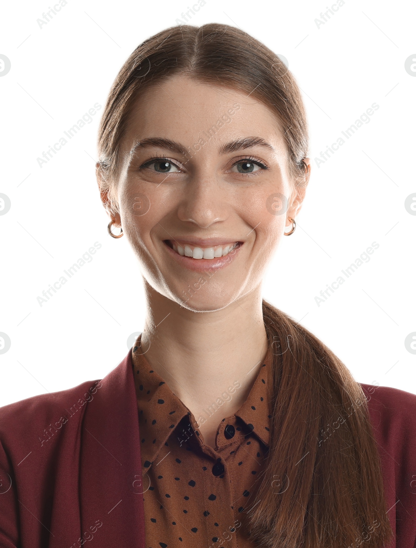 Image of Passport photo. Portrait of woman on white background