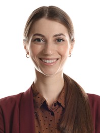 Image of Passport photo. Portrait of woman on white background