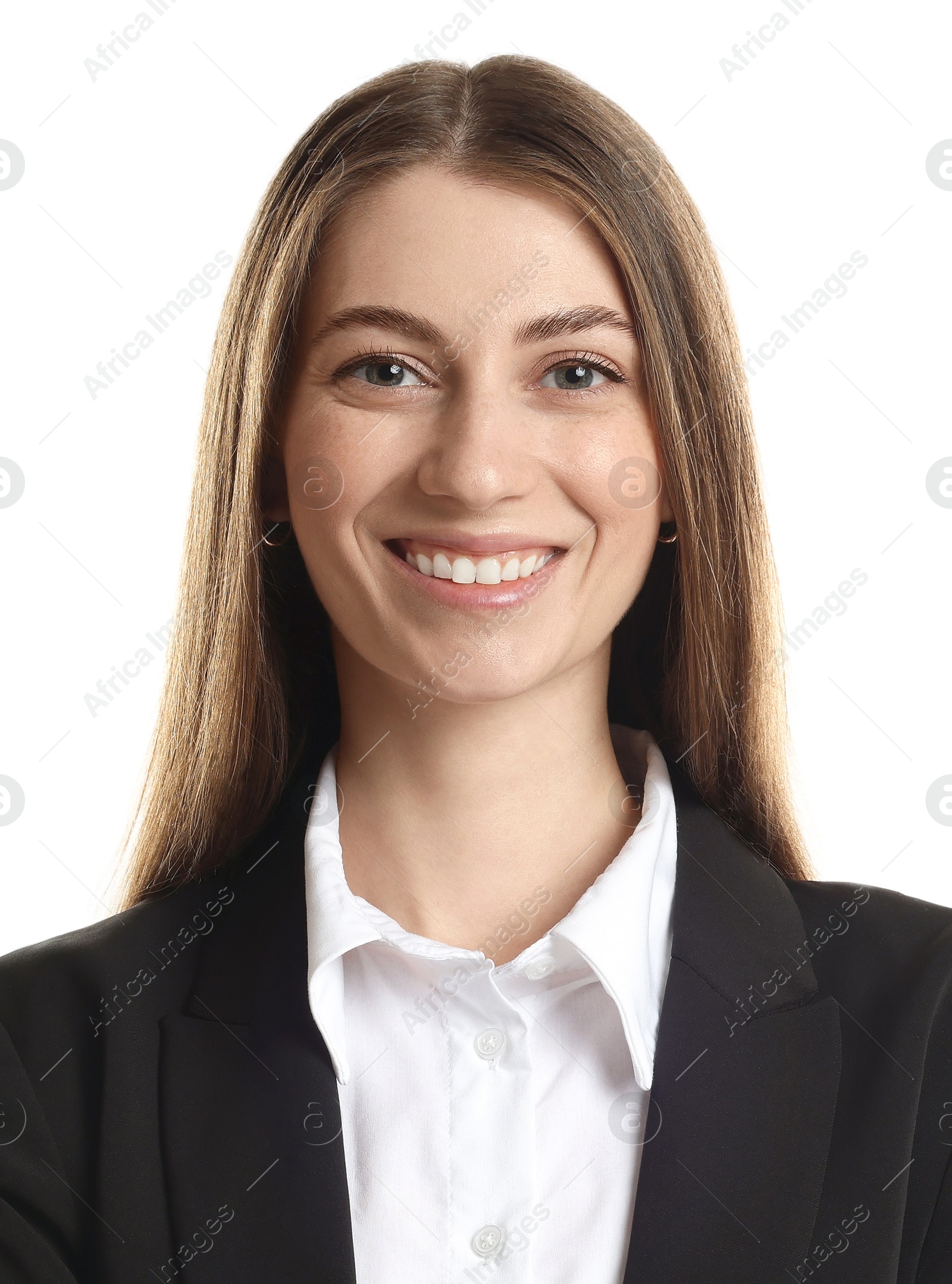 Image of Passport photo. Portrait of woman on white background