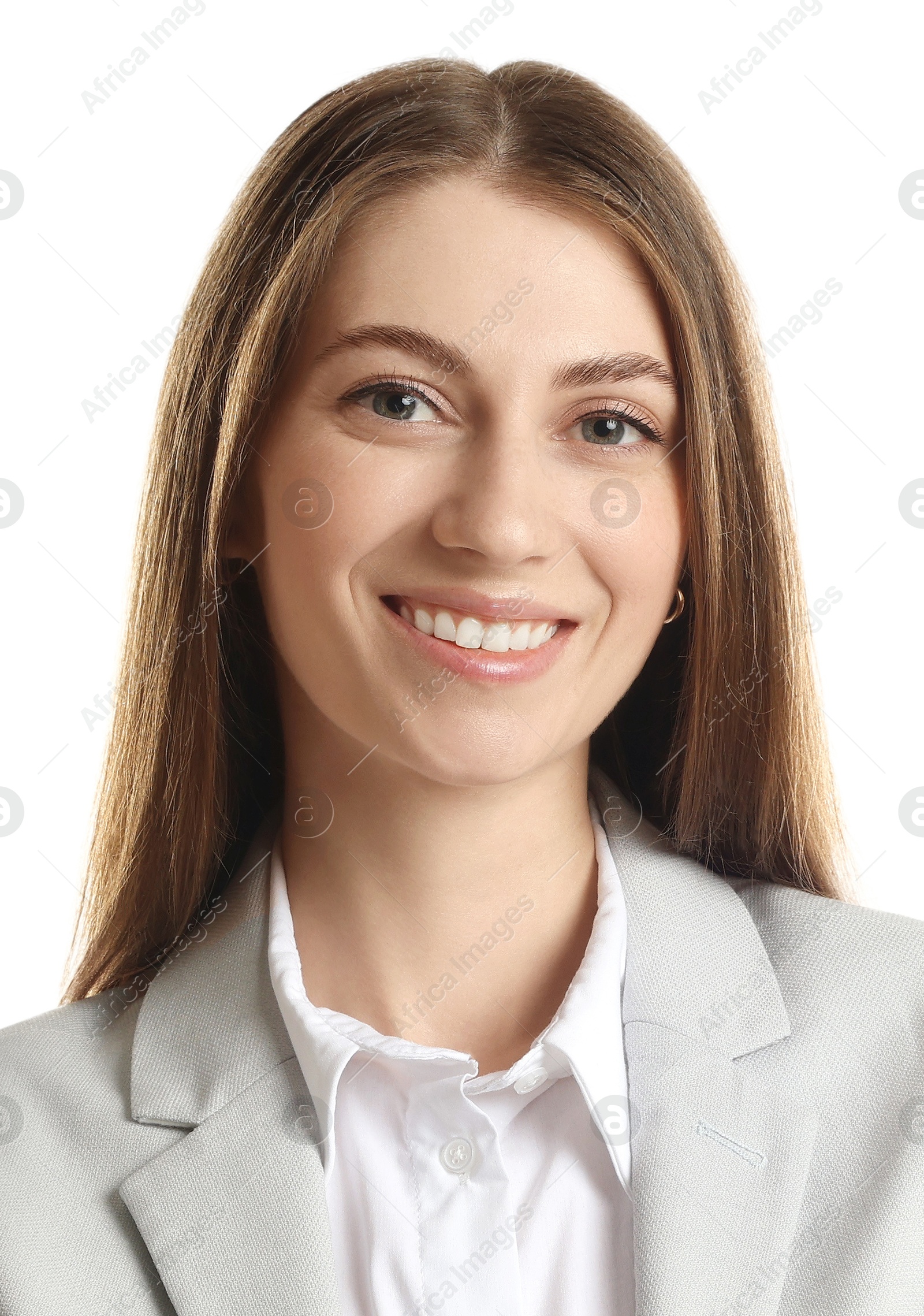 Image of Passport photo. Portrait of woman on white background