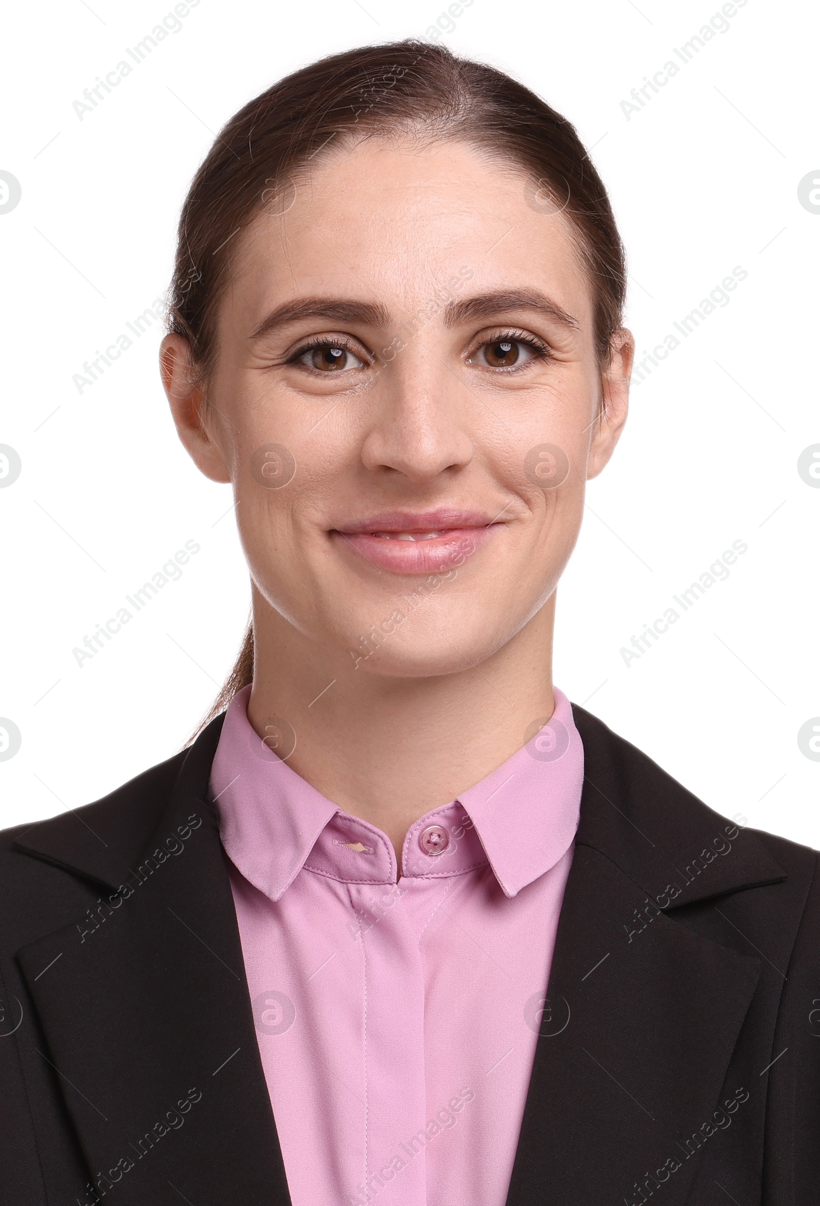 Image of Passport photo. Portrait of woman on white background