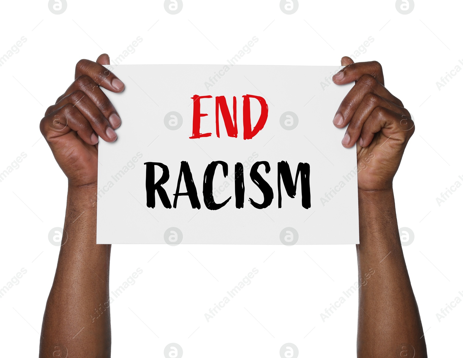 Image of Man holding paper with text End Racism on white background, closeup