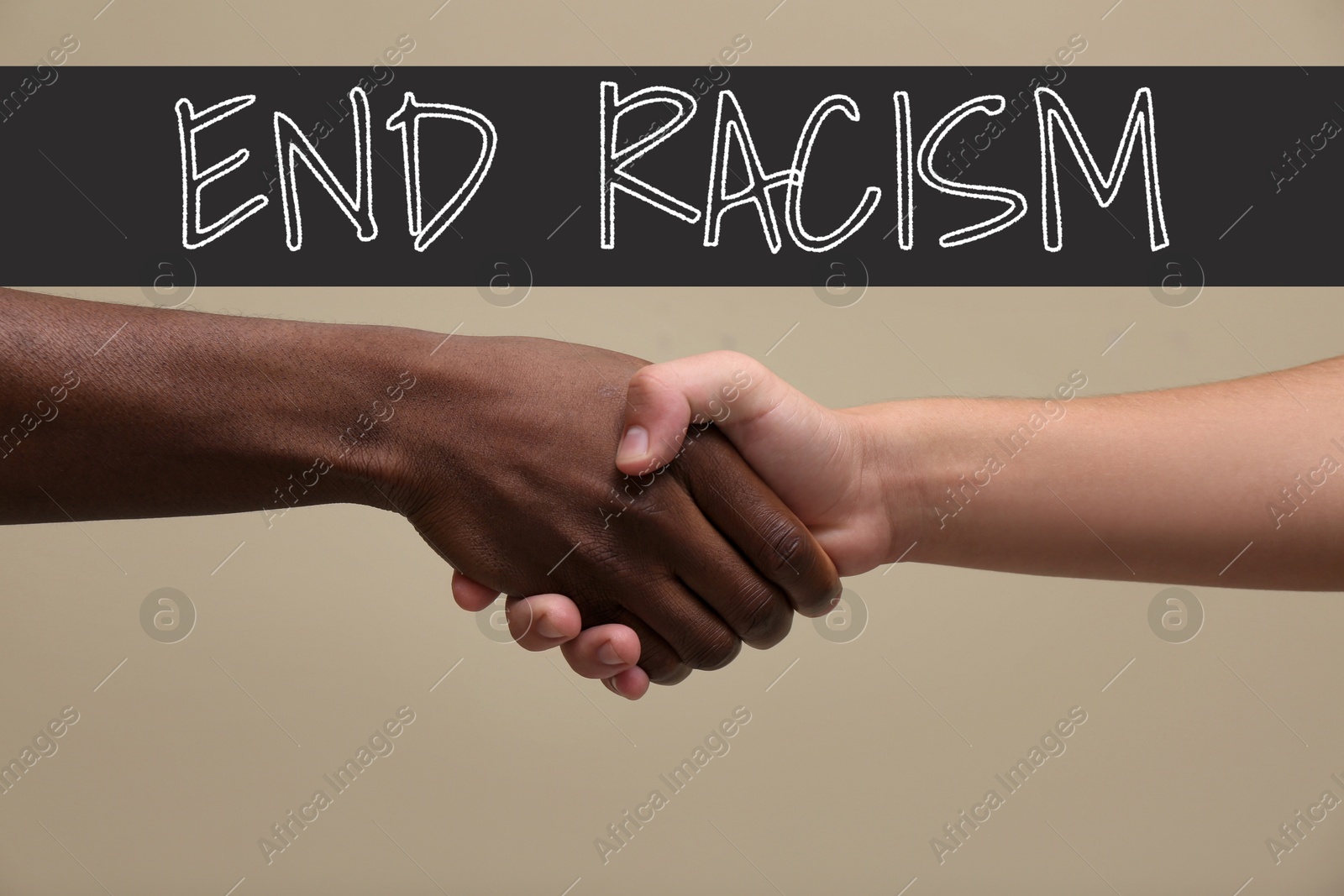 Image of End racism. Men of different race shaking hands on dark beige background, closeup