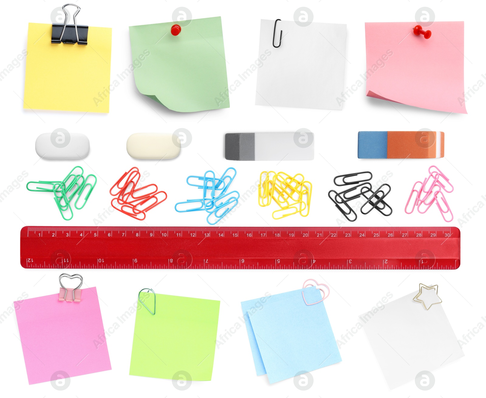 Image of Paper clips in different colors and other stationery isolated on white, set