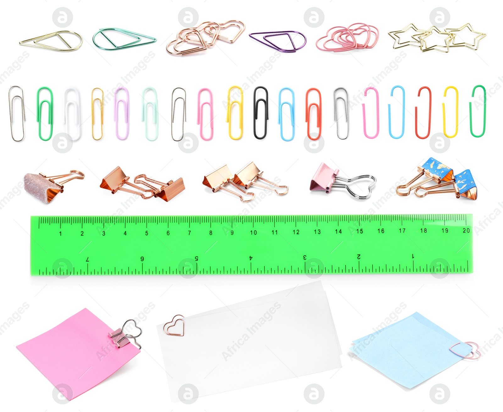 Image of Different paper clips and other stationery isolated on white, set