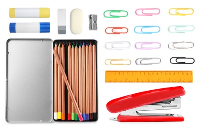 Image of Paper clips in different colors and other stationery isolated on white, set