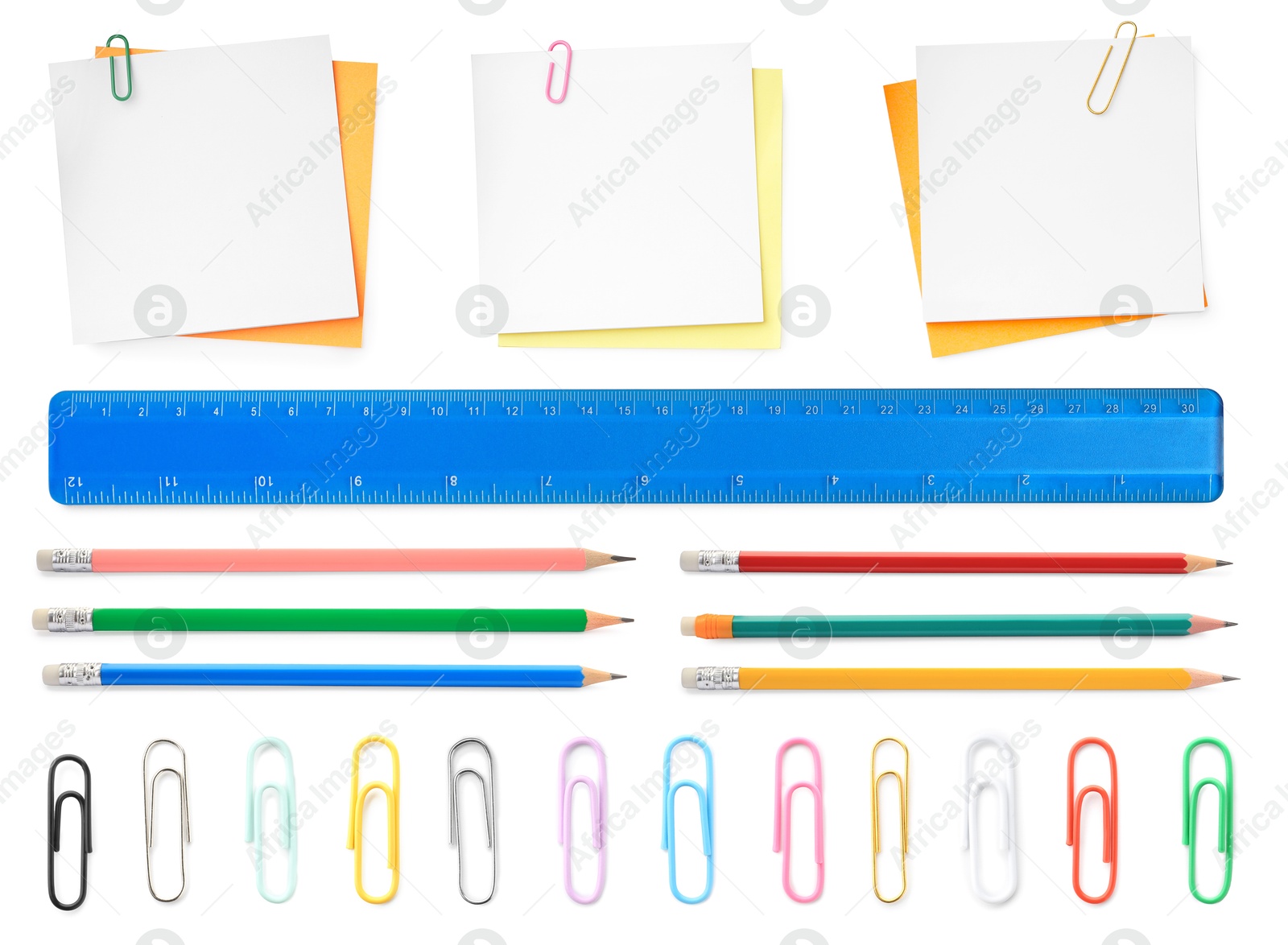 Image of Paper clips in different colors and other stationery isolated on white, set