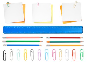 Image of Paper clips in different colors and other stationery isolated on white, set